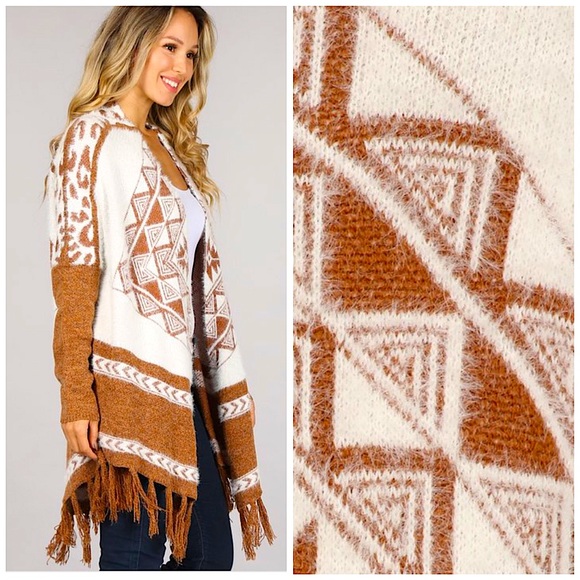 Soft Camel Brown Aztec Fringe Boho Poncho Sweater - Picture 2 of 2